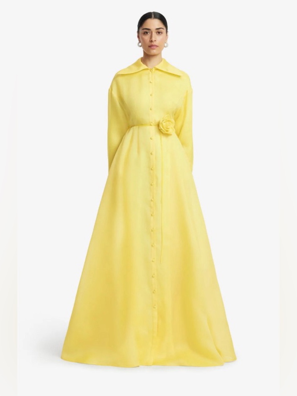 LEO LIN Pink Josephine 100% Silk Yellow Long Sleeve Maxi Shirt Dress NWOT